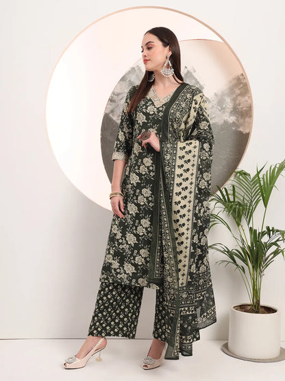Military Green Floral Print A-Line Style Kurta Palazzo And Dupatta Set