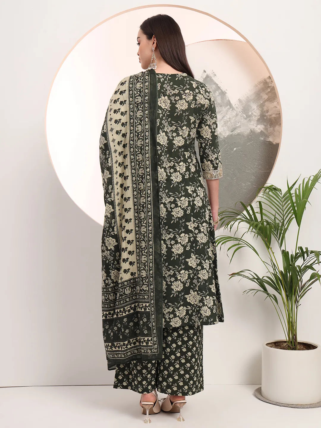 Military Green Floral Print A-Line Style Kurta Palazzo And Dupatta Set