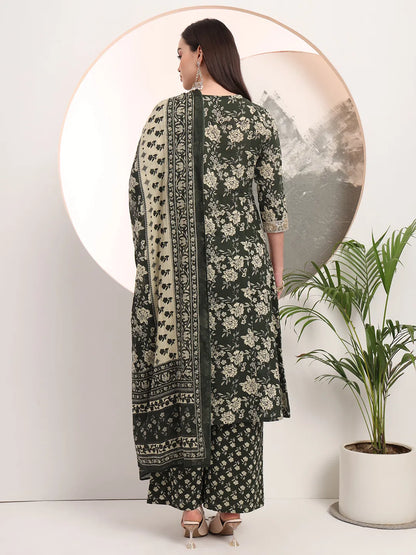 Military Green Floral Print A-Line Style Kurta Palazzo And Dupatta Set