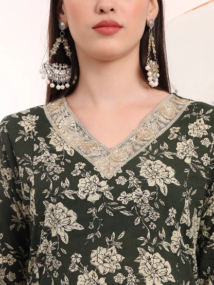 Military Green Floral Print A-Line Style Kurta Palazzo And Dupatta Set
