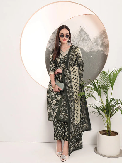 Military Green Floral Print A-Line Style Kurta Palazzo And Dupatta Set