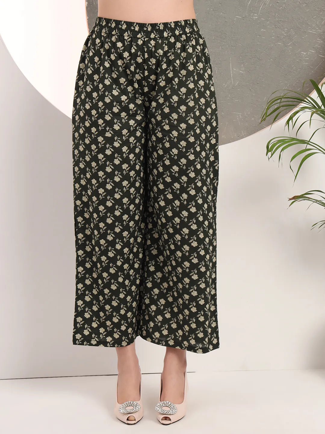 Military Green Floral Print A-Line Style Kurta Palazzo And Dupatta Set