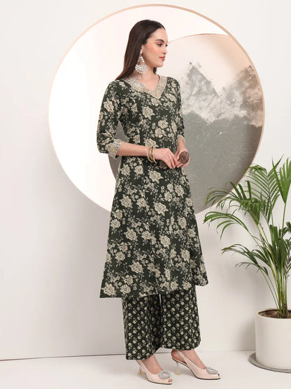 Military Green Floral Print A-Line Style Kurta Palazzo And Dupatta Set