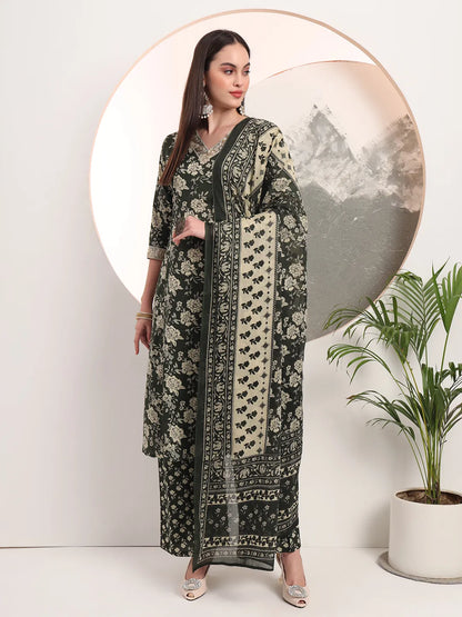 Military Green Floral Print A-Line Style Kurta Palazzo And Dupatta Set