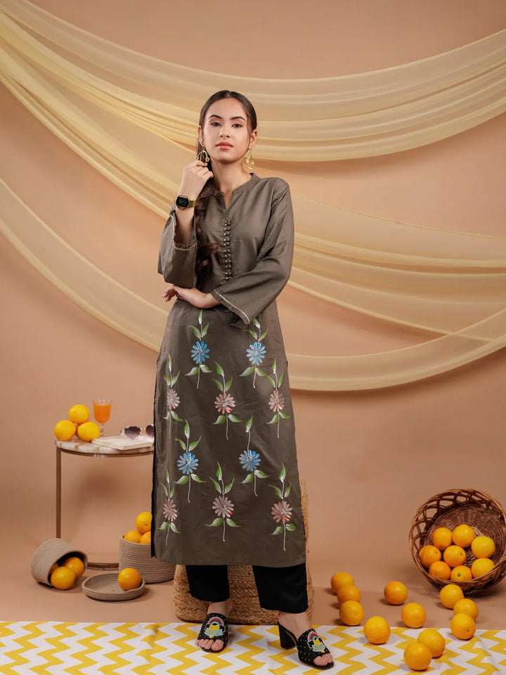 Military Green Hand Floral Print Cotton Straight Kurta