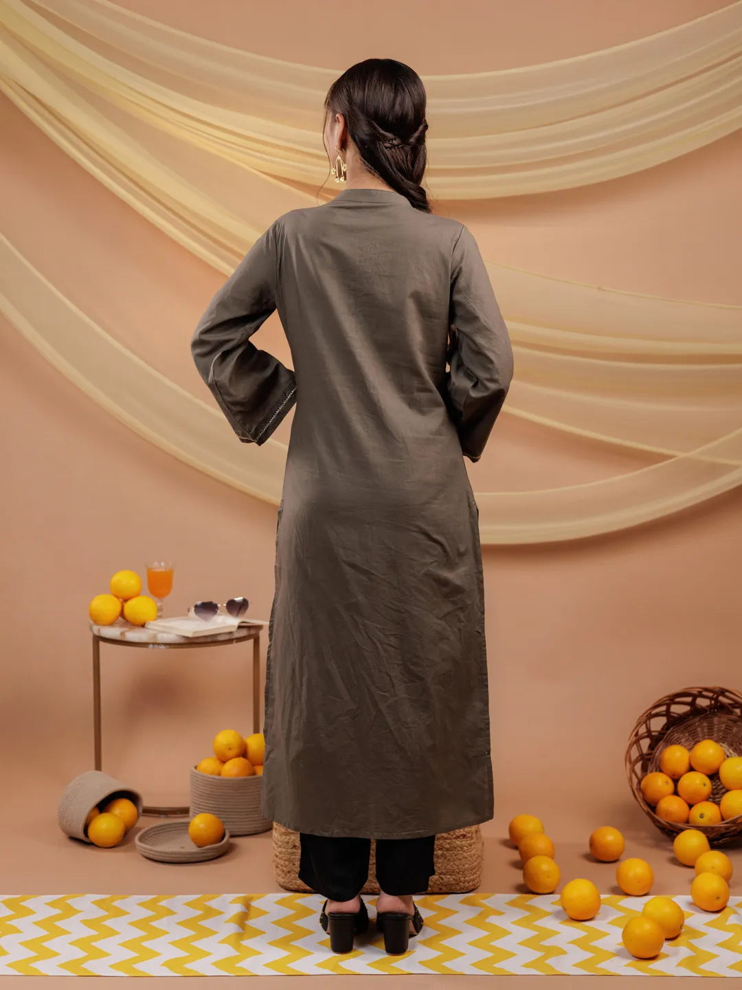 Military Green Hand Floral Print Cotton Straight Kurta