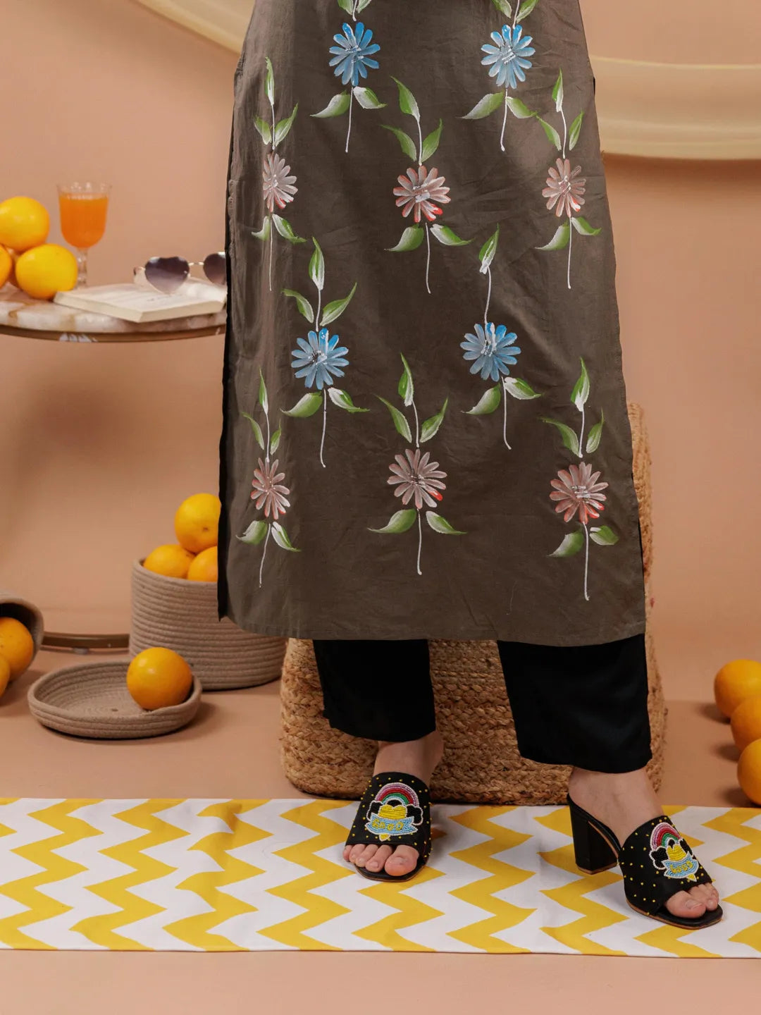 Military Green Hand Floral Print Cotton Straight Kurta