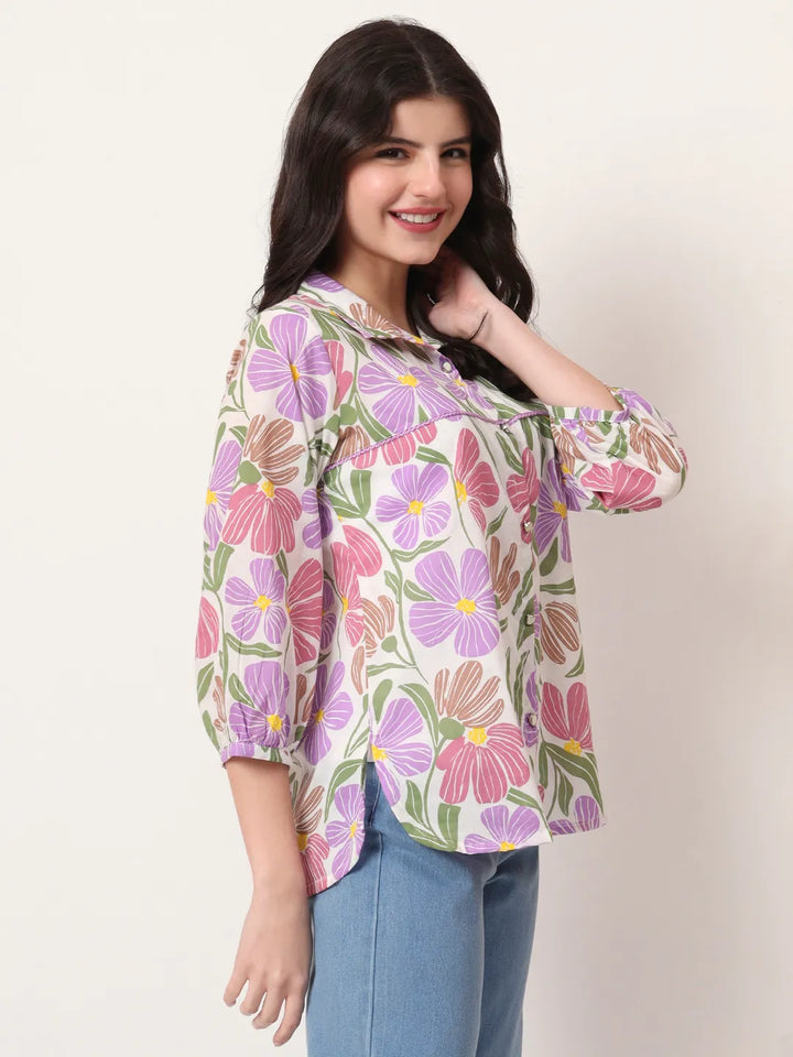 Multi Cotton Mandarin Collar Shirt Style Top