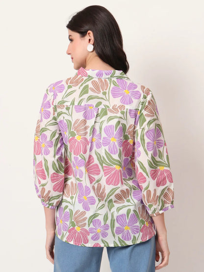 Multi Cotton Mandarin Collar Shirt Style Top