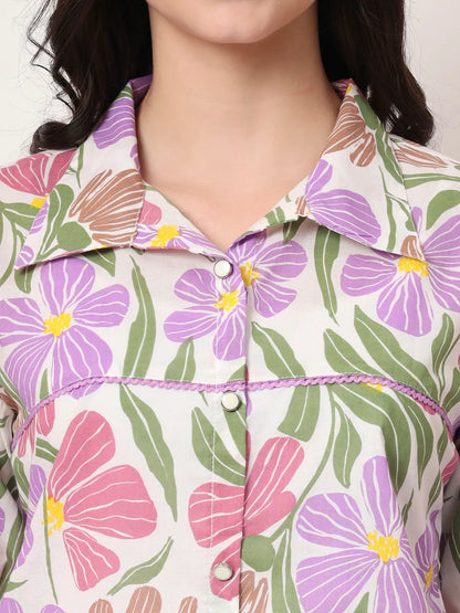 Multi Cotton Mandarin Collar Shirt Style Top