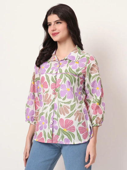 Multi Cotton Mandarin Collar Shirt Style Top