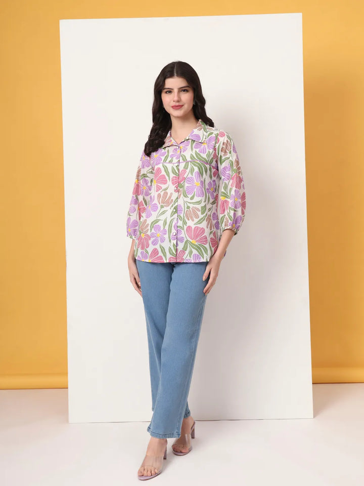 Multi Cotton Mandarin Collar Shirt Style Top