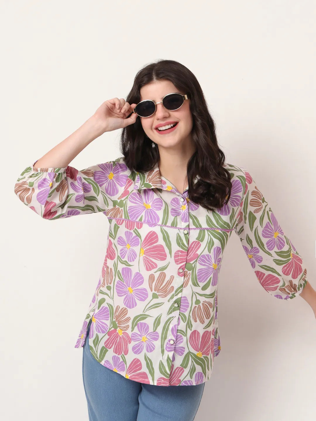 Multi Cotton Mandarin Collar Shirt Style Top