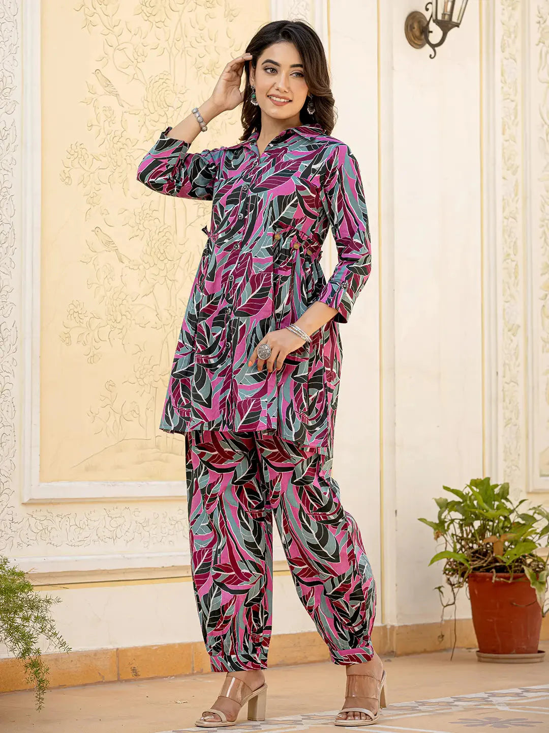Multi Leaf Print Cotton Co Ord Set