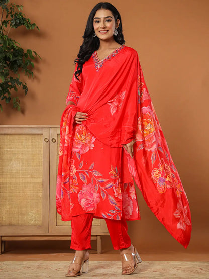 Muslin Red Kurta Dupatta Pant Set