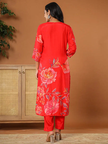 Muslin Red Kurta Dupatta Pant Set