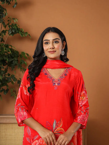 Muslin Red Kurta Dupatta Pant Set