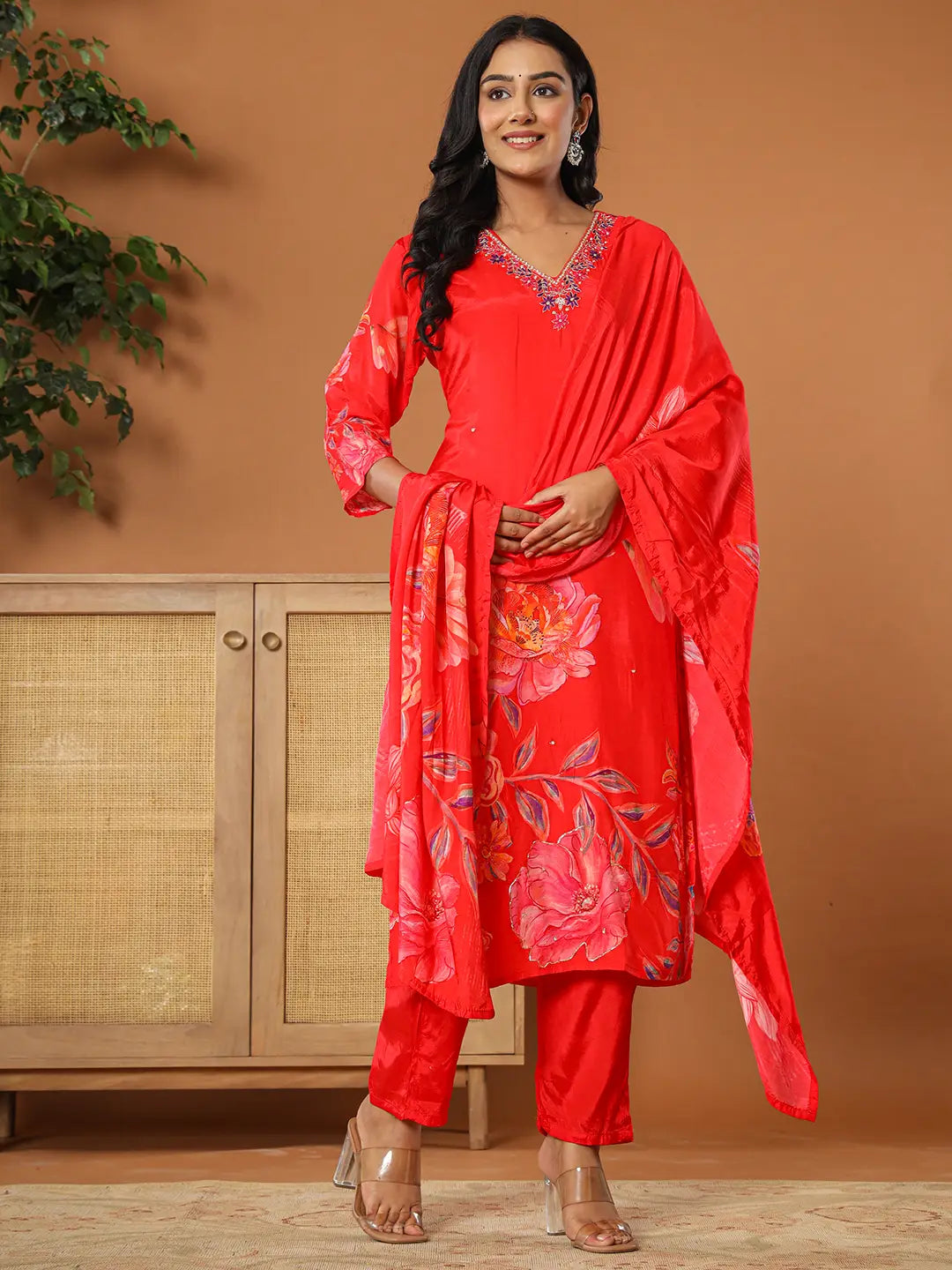 Muslin Red Kurta Dupatta Pant Set