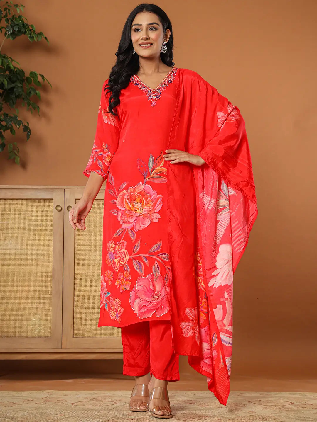 Muslin Red Kurta Dupatta Pant Set