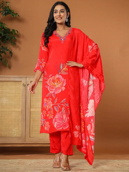 Muslin Red Kurta Dupatta Pant Set