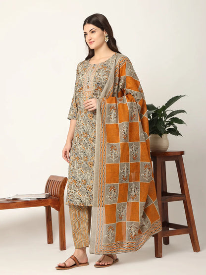 Mustard And Gray Cotton Dori Embroidery Kurta Dupatta Pant Set