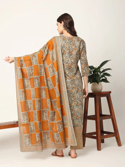 Mustard And Gray Cotton Dori Embroidery Kurta Dupatta Pant Set
