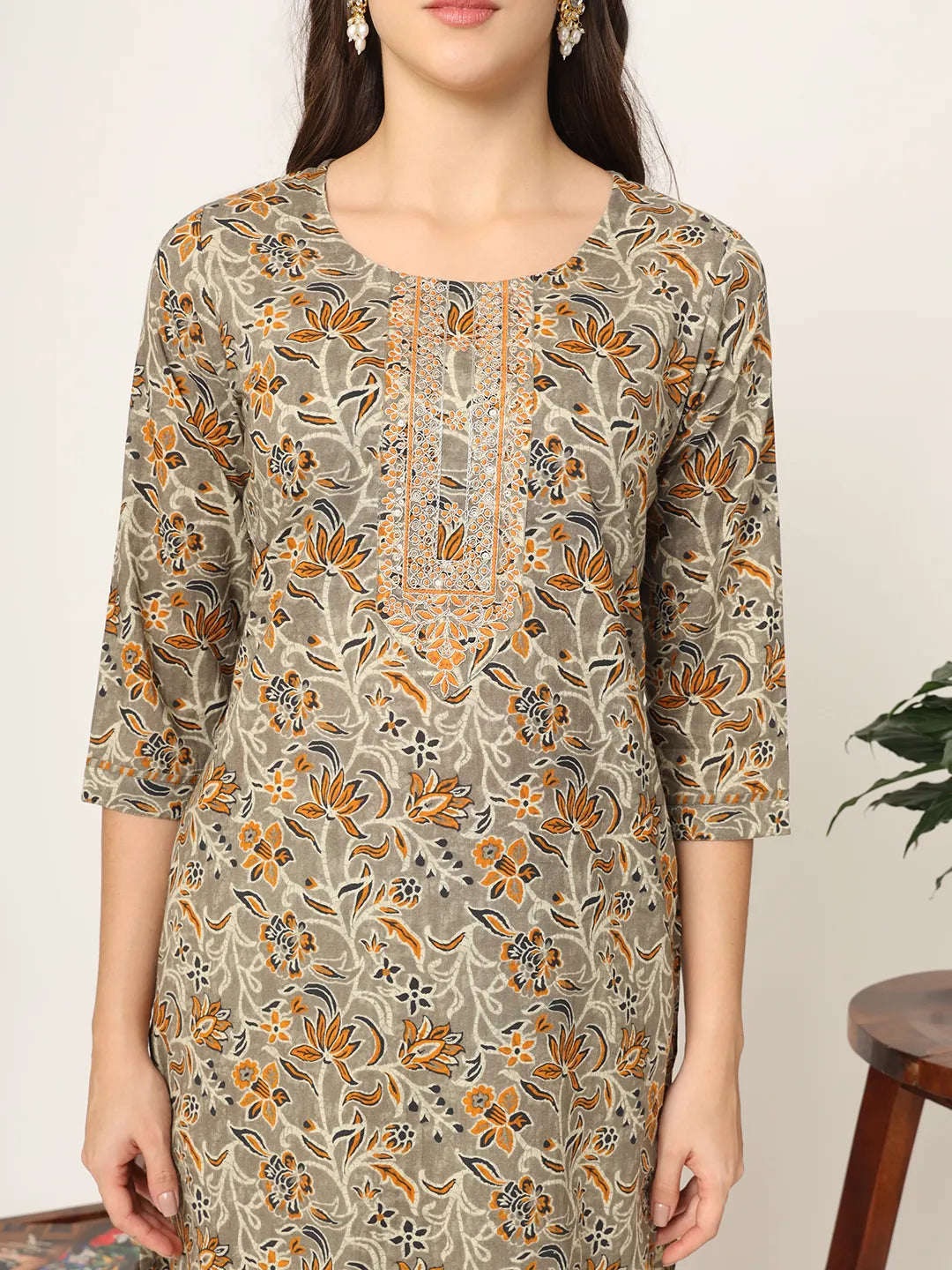 Mustard And Gray Cotton Dori Embroidery Kurta Dupatta Pant Set