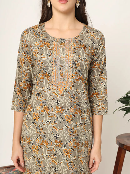 Mustard And Gray Cotton Dori Embroidery Kurta Dupatta Pant Set
