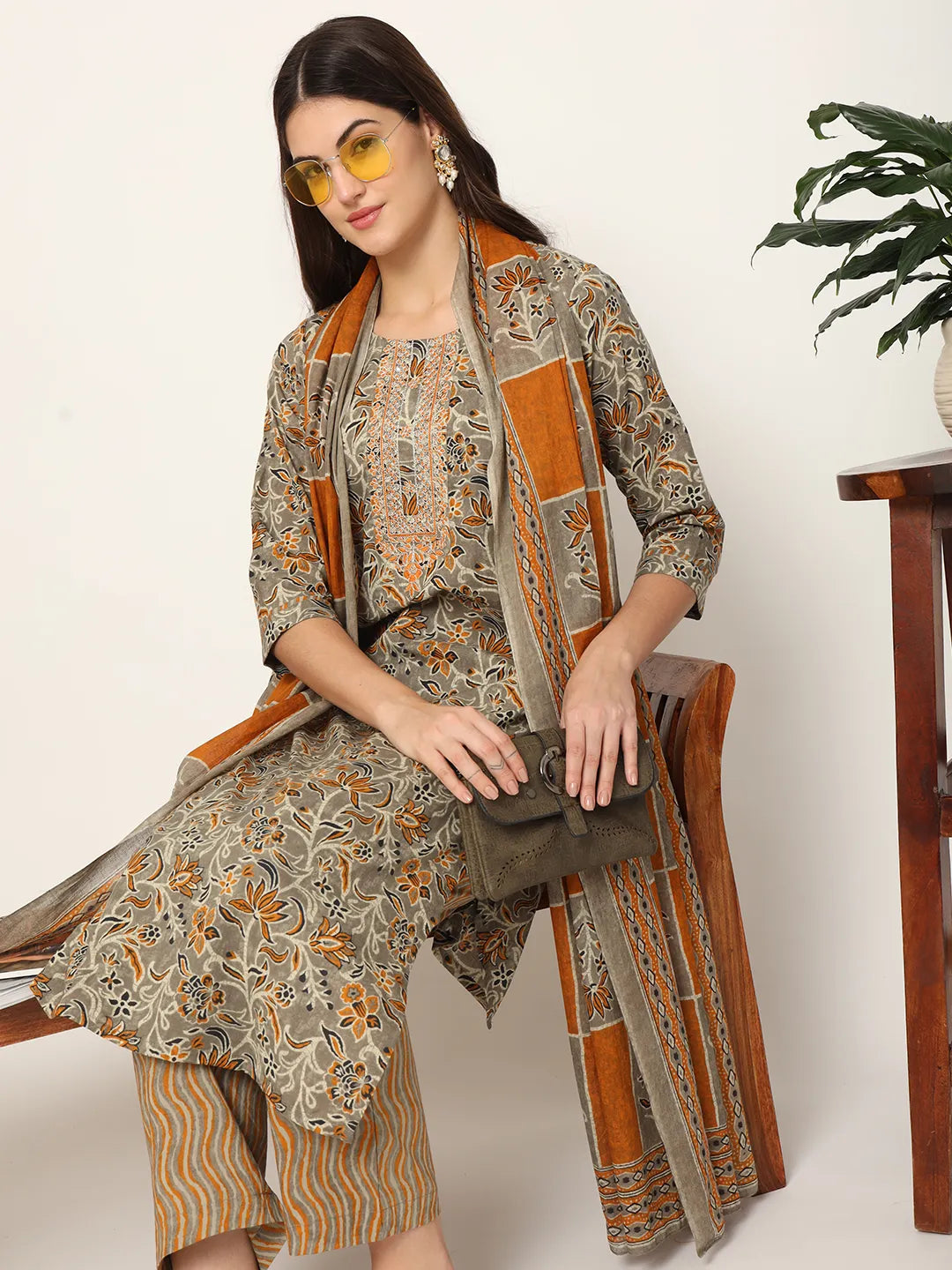 Mustard And Gray Cotton Dori Embroidery Kurta Dupatta Pant Set