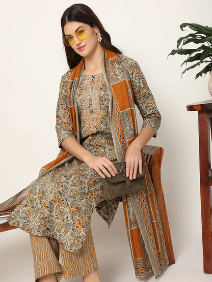 Mustard And Gray Cotton Dori Embroidery Kurta Dupatta Pant Set