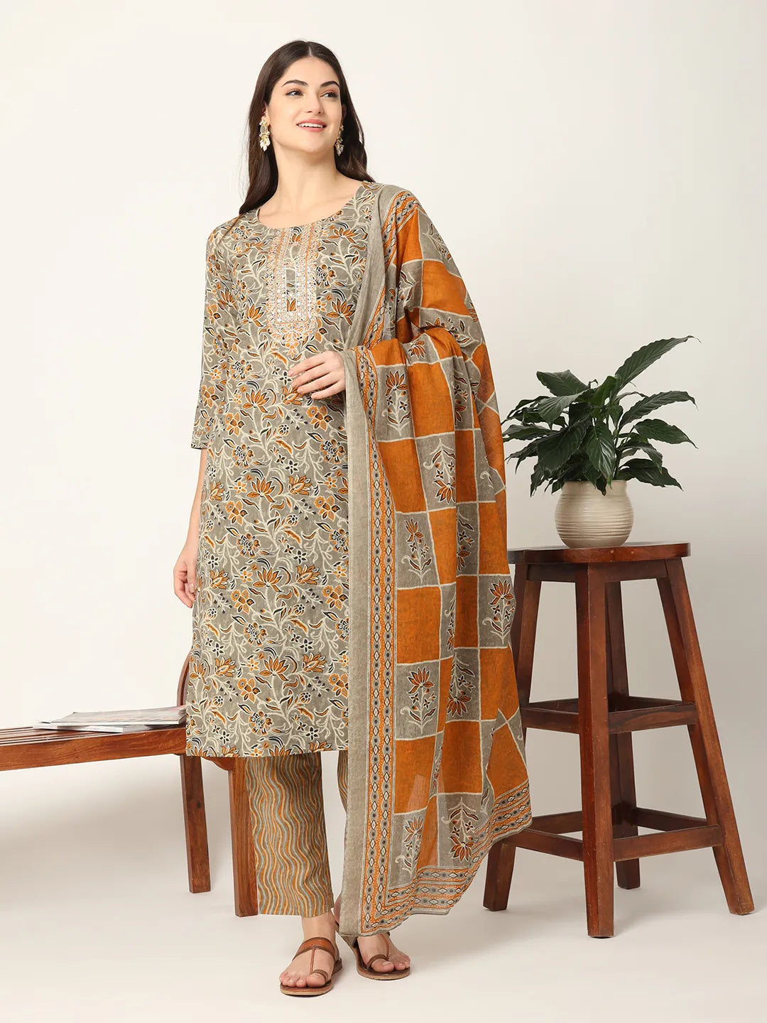 Mustard And Gray Cotton Dori Embroidery Kurta Dupatta Pant Set