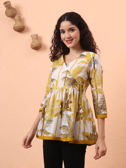 Mustard And White Cotton Gathered Or Pleated Angrakha Top