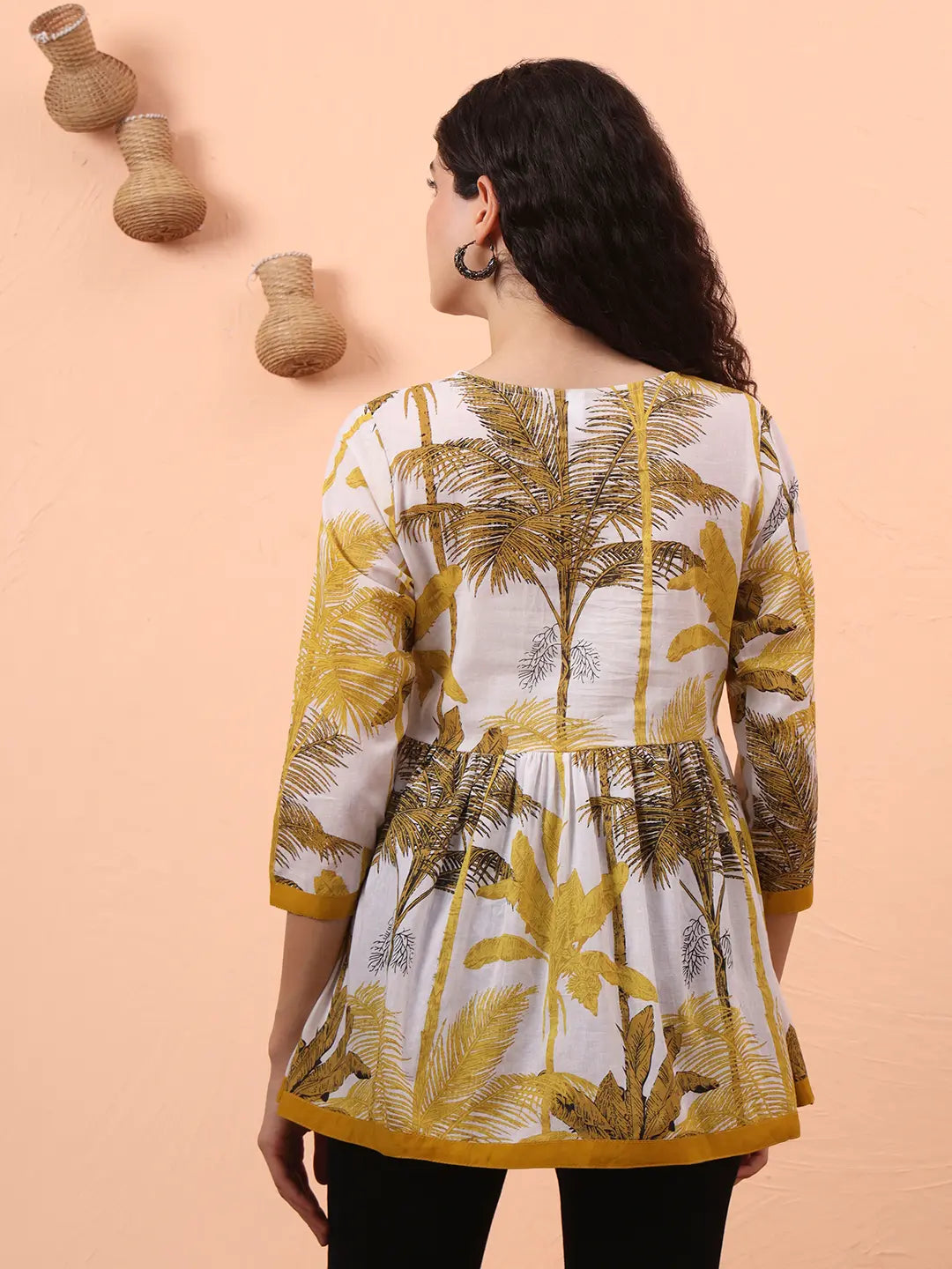 Mustard And White Cotton Gathered Or Pleated Angrakha Top