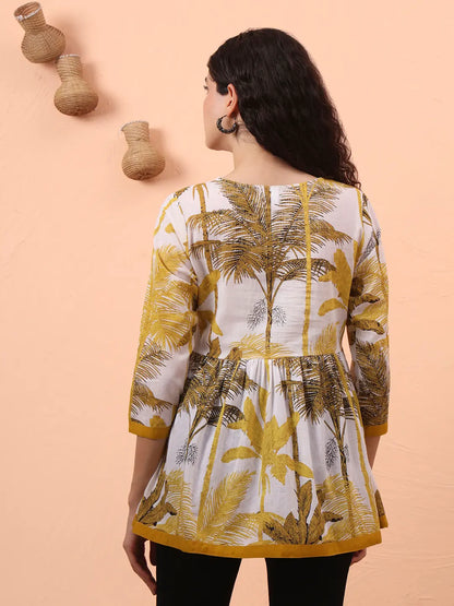 Mustard And White Cotton Gathered Or Pleated Angrakha Top