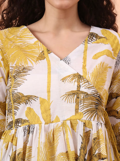 Mustard And White Cotton Gathered Or Pleated Angrakha Top