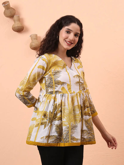 Mustard And White Cotton Gathered Or Pleated Angrakha Top