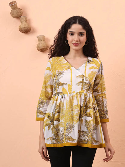 Mustard And White Cotton Gathered Or Pleated Angrakha Top