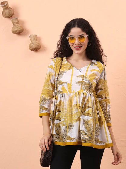 Mustard And White Cotton Gathered Or Pleated Angrakha Top
