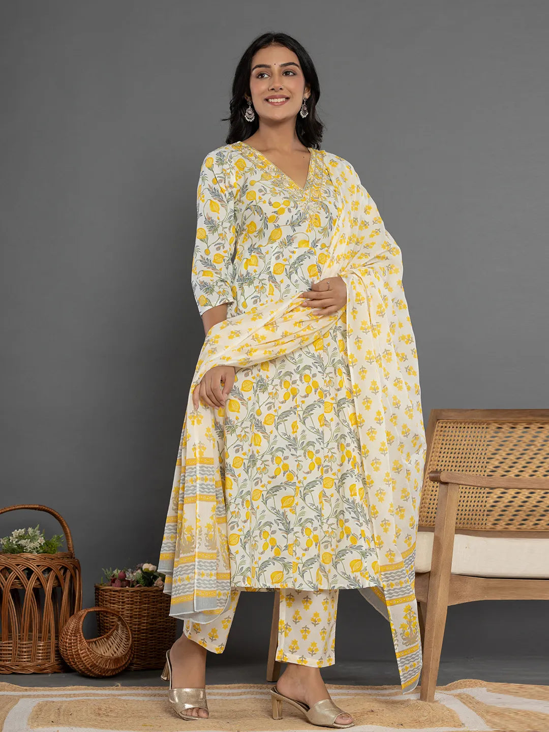 Mustard Beads & Stones Cotton Anarkali Kurta Dupatta Pant Set