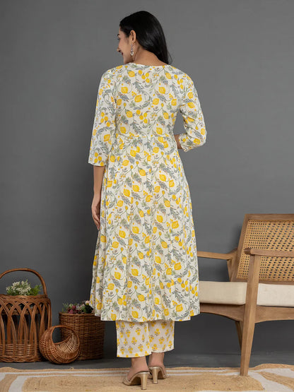 Mustard Beads & Stones Cotton Anarkali Kurta Dupatta Pant Set