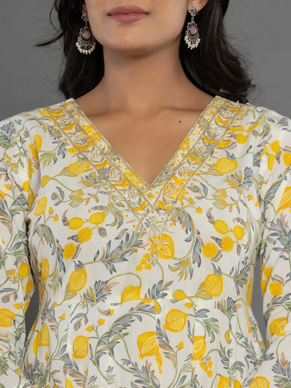 Mustard Beads & Stones Cotton Anarkali Kurta Dupatta Pant Set