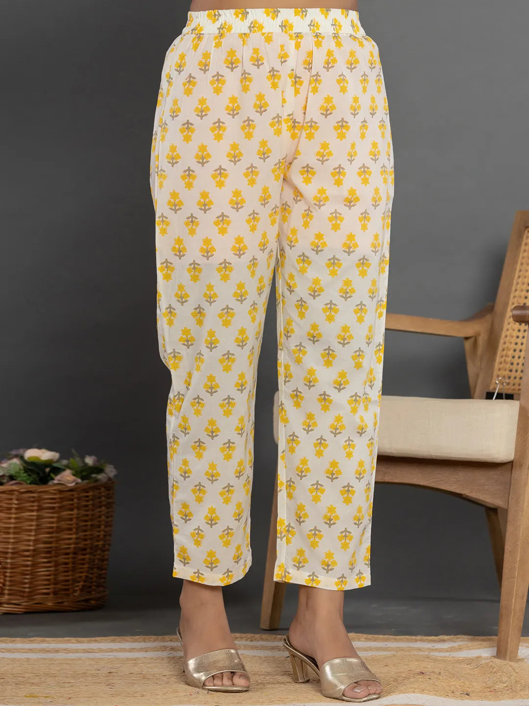 Mustard Beads & Stones Cotton Anarkali Kurta Dupatta Pant Set