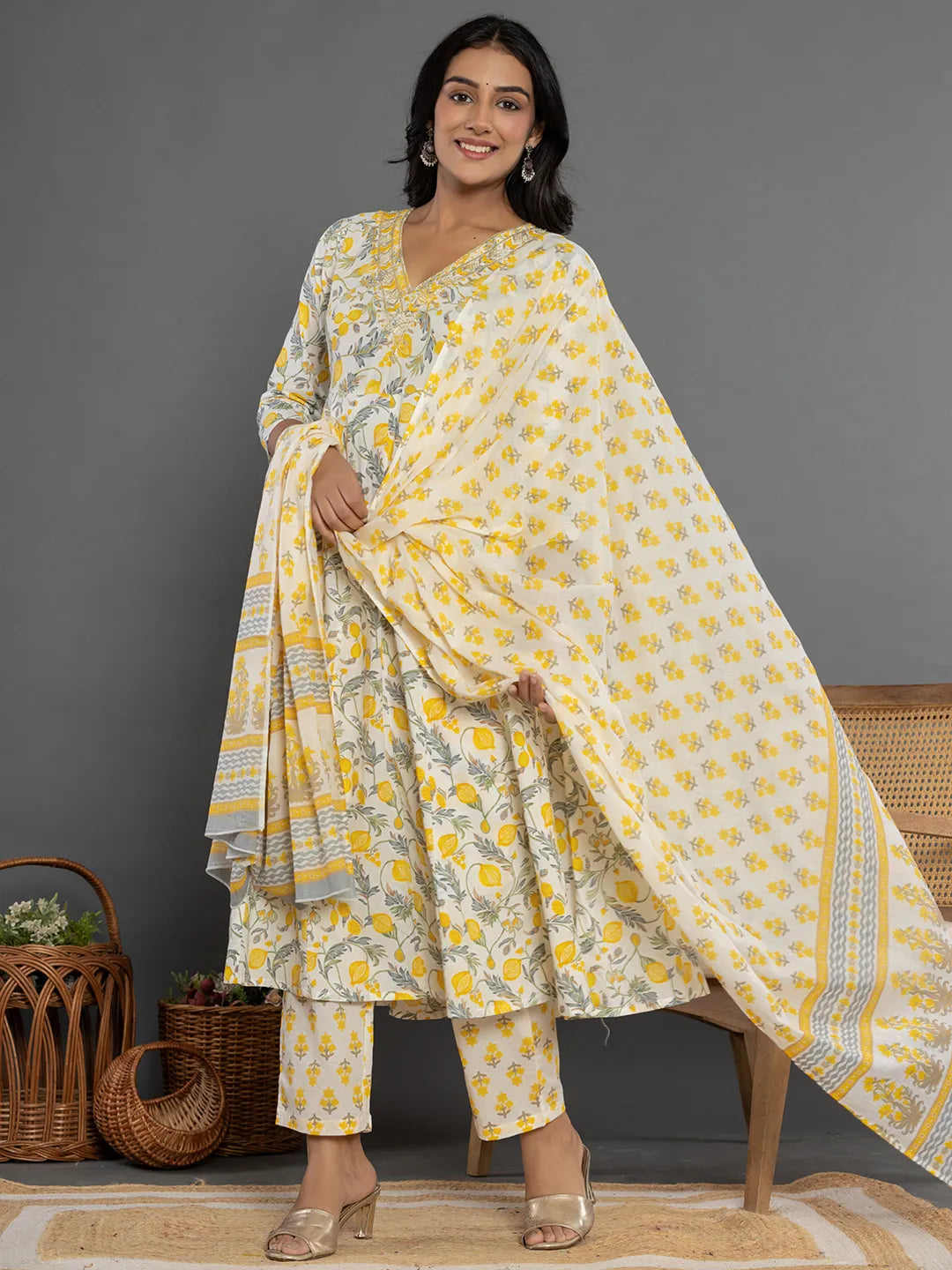 Mustard Beads &amp; Stones Cotton Anarkali Kurta Dupatta Pant Set