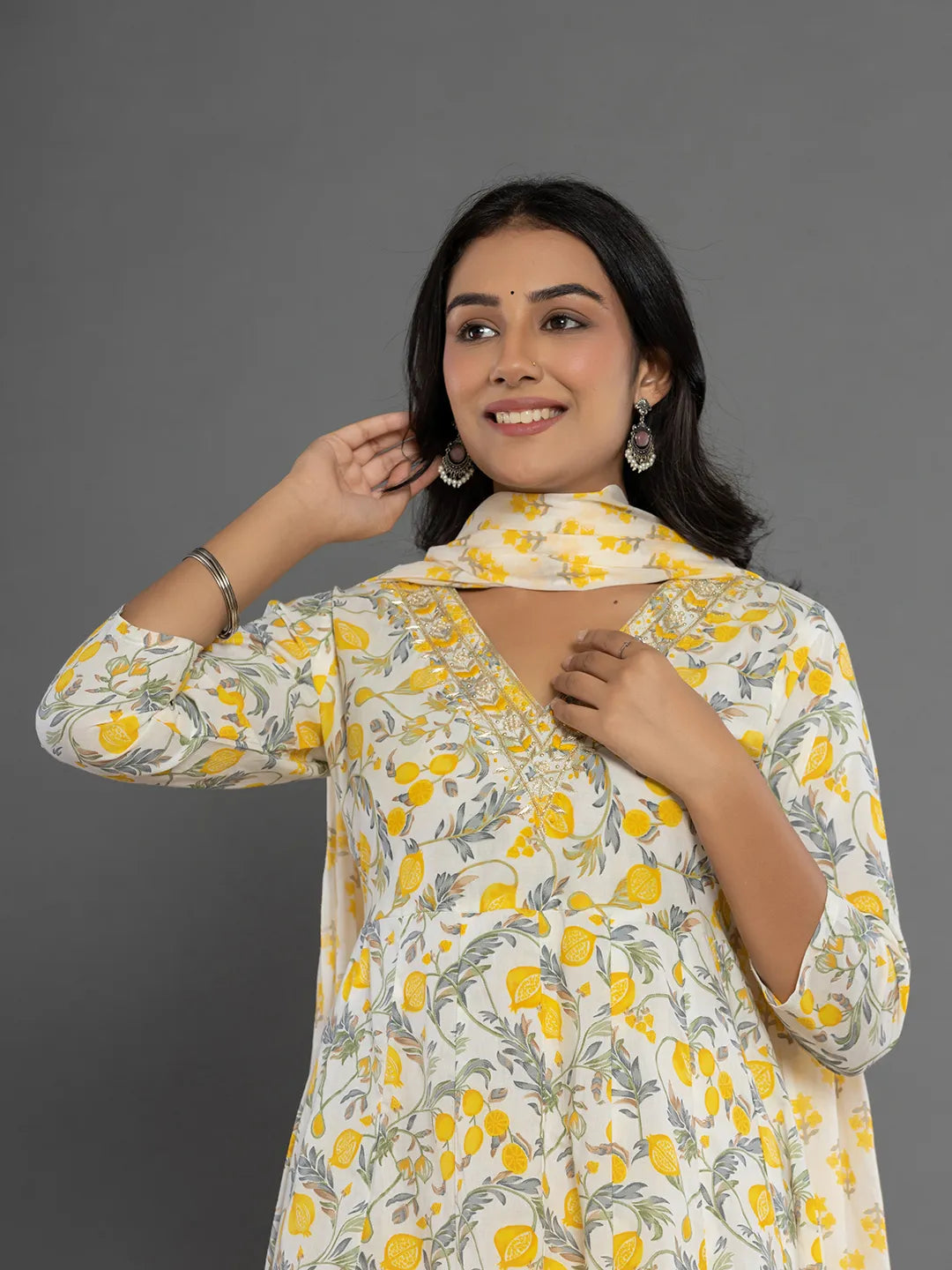 Mustard Beads &amp; Stones Cotton Anarkali Kurta Dupatta Pant Set