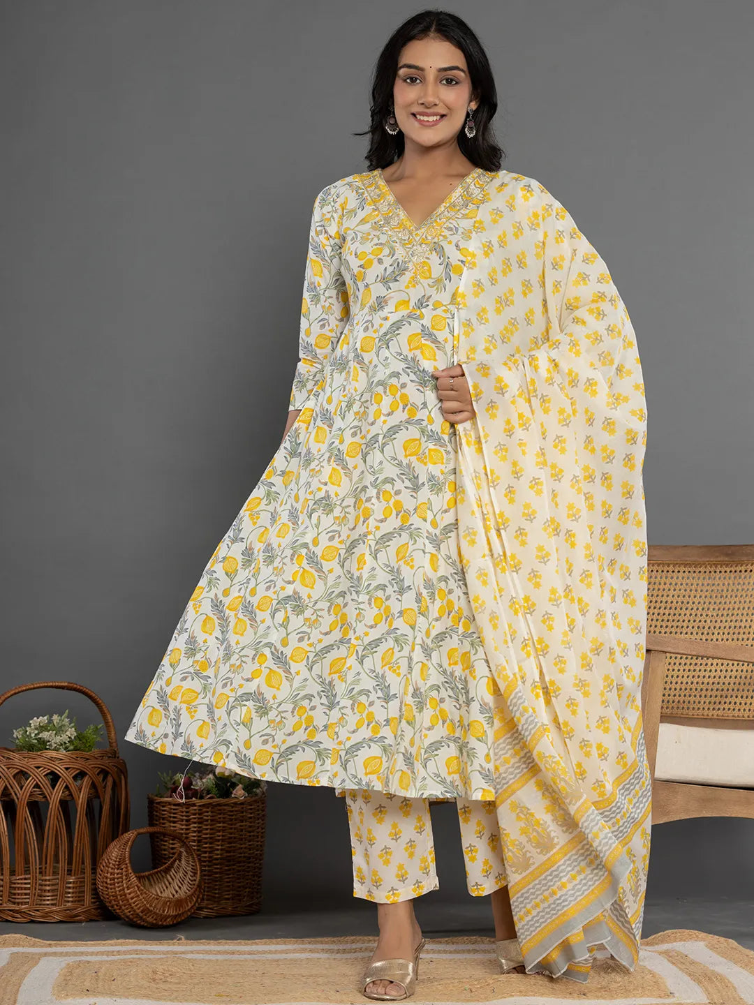 Mustard Beads & Stones Cotton Anarkali Kurta Dupatta Pant Set