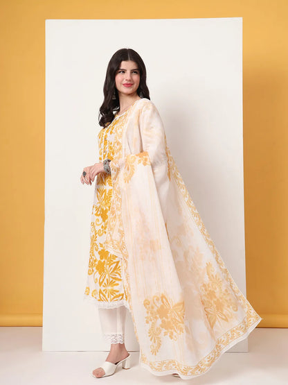 Mustard Cotton A-Line Kurta Dupatta Pant Set