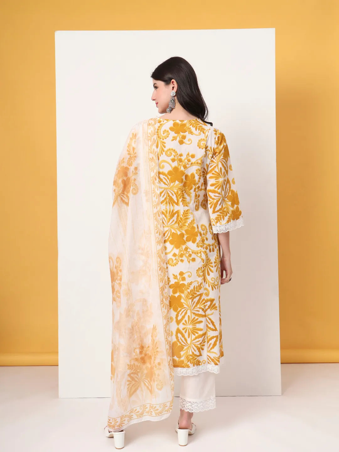 Mustard Cotton A-Line Kurta Dupatta Pant Set