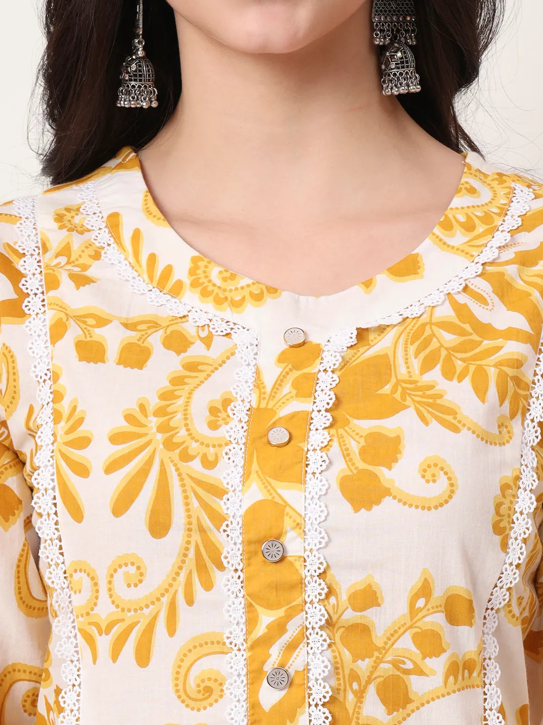 Mustard Cotton A-Line Kurta Dupatta Pant Set