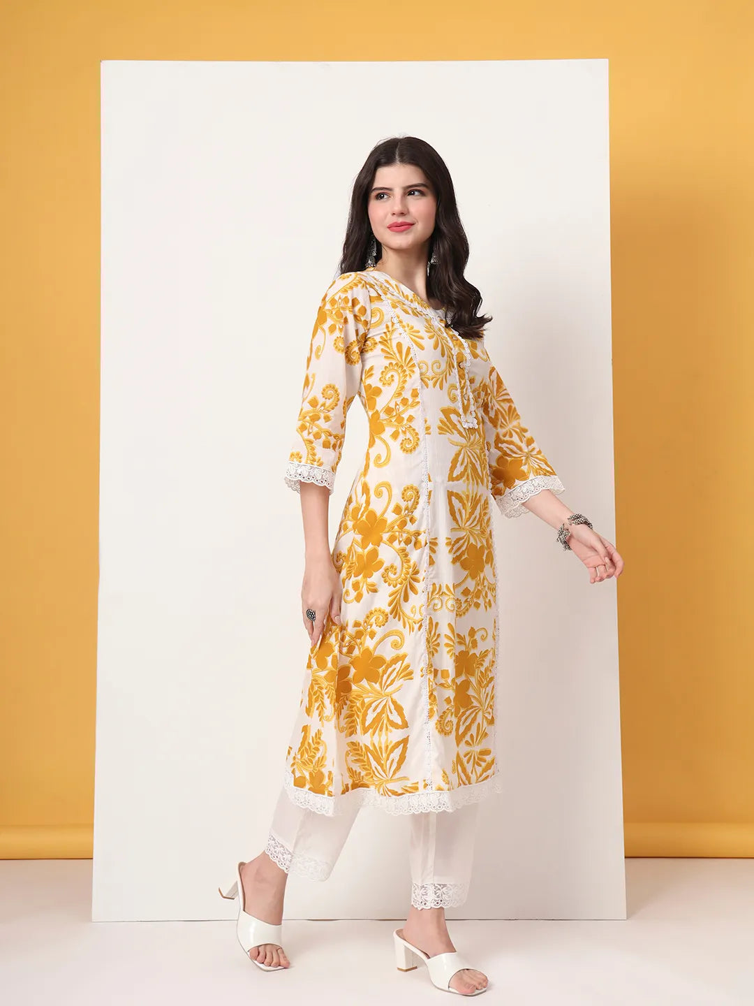 Mustard Cotton A-Line Kurta Dupatta Pant Set