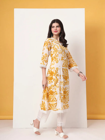 Mustard Cotton A-Line Kurta Dupatta Pant Set